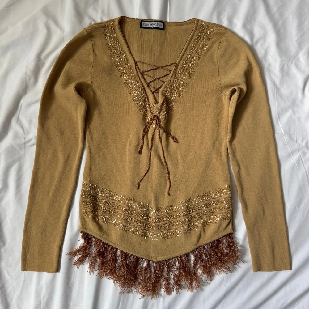Vintage 90s Y2K Brown Tan Boho Fairy Top with Fringe and Beaded Sequin Details - Picture 3 of 12